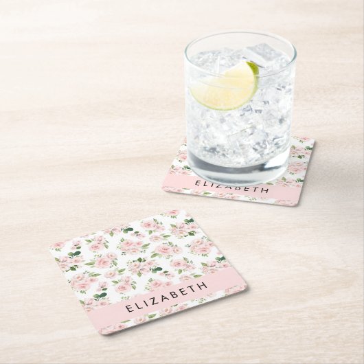 Roze Bloemen, Rozen, Waterverf Bloemen, Jouw naam Kartonnen Onderzetters (Insitu)