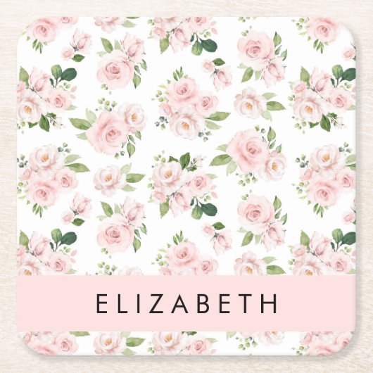 Roze Bloemen, Rozen, Waterverf Bloemen, Jouw naam Kartonnen Onderzetters (Voorkant)