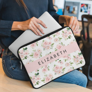 Roze Bloemen, Rozen, Waterverf Bloemen, Jouw naam Laptop Sleeve