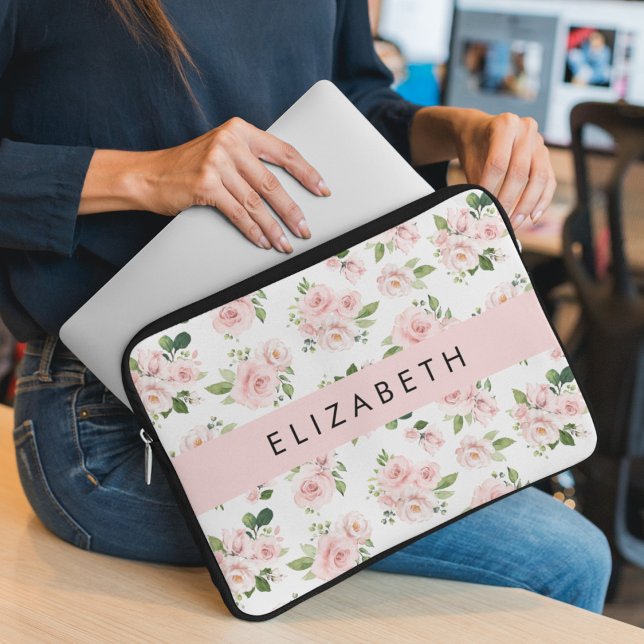 Roze Bloemen, Rozen, Waterverf Bloemen, Jouw naam Laptop Sleeve (Creator heeft geüpload)