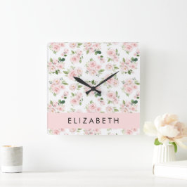 Roze Bloemen, Rozen, Waterverf Bloemen, Jouw naam Vierkante Klok