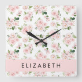 Roze Bloemen, Rozen, Waterverf Bloemen, Jouw naam Vierkante Klok (Voorkant)