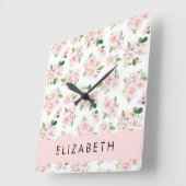 Roze Bloemen, Rozen, Waterverf Bloemen, Jouw naam Vierkante Klok (Hoek)