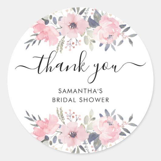 Roze Bloemen Rozen Waterverf Script Dank u Ronde Sticker (Voorkant)