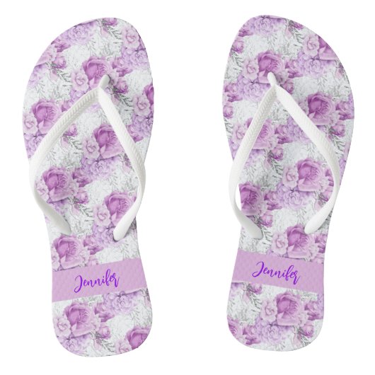 Roze bloemen rozen wit naamscript teenslippers (Voetbed)