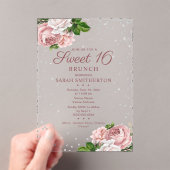 Roze Bloemen Rozen Zilver Glitter Sweet 16 Brunch Acryl Uitnodigingen (Insitu (Draagbaar))