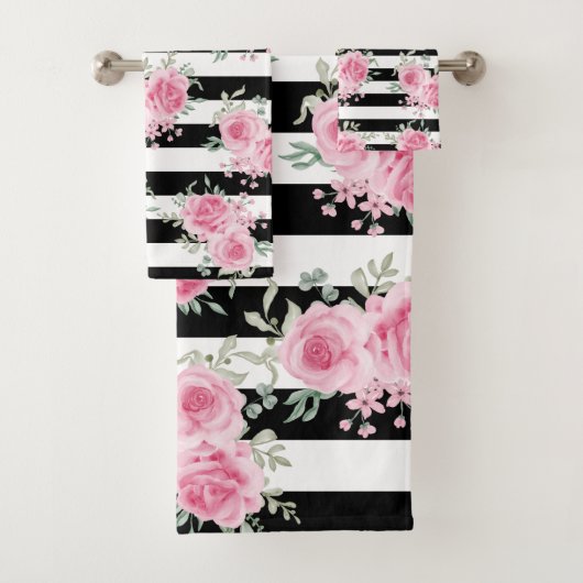  Roze Bloemen Rozen Zwart Strepen Waterverf Bad Handdoek (Insitu)
