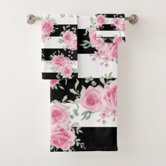 Roze Bloemen Rozen Zwart Strepen Waterverf Bad Handdoek
