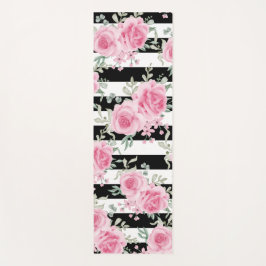  Roze Bloemen Rozen Zwart Strepen Yoga Mat