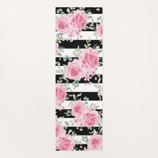 Roze Bloemen Rozen Zwart Strepen Yoga Mat
