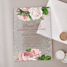 Roze bloemen rozentuin zilveren glitter Sweet 16