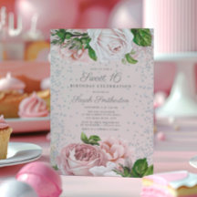 Roze bloemen rozentuin zilveren glitter Sweet 16