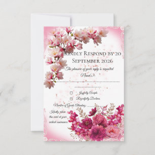 Roze bloemen RSVP kaart op wit
