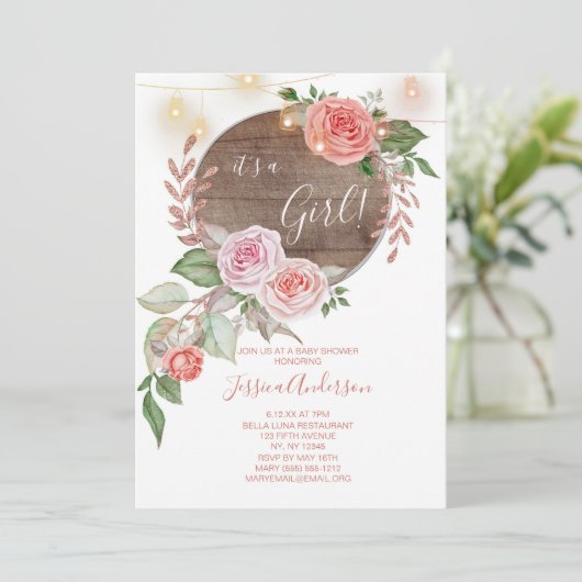 Roze Bloemen Rustiek Baby shower Kaart (Staand voorkant)