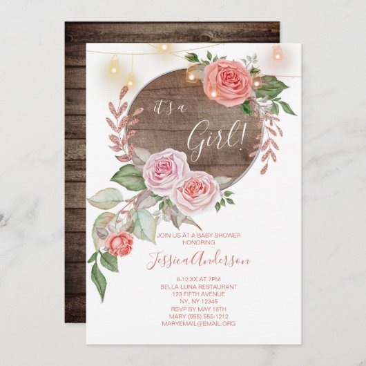 Roze Bloemen Rustiek Baby shower Kaart (Voorkant / Achterkant)