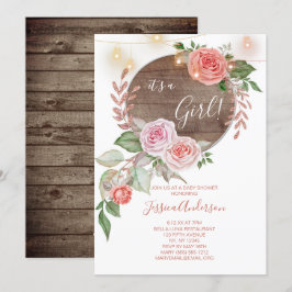 Roze Bloemen Rustiek Baby shower Kaart