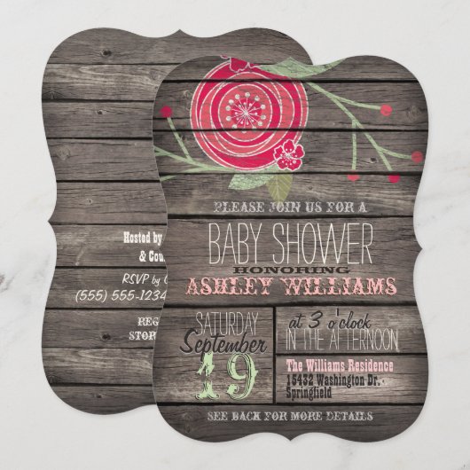 Roze Bloemen, Rustiek Country Wood Baby shower Kaart (Voorkant / Achterkant)