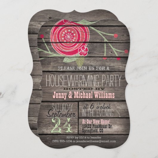 Roze Bloemen Rustiek Country Wood Housewarming Par Kaart (Voorkant / Achterkant)