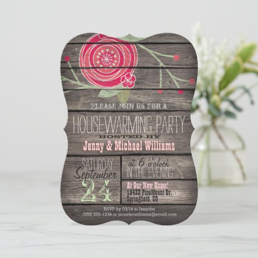 Roze Bloemen Rustiek Country Wood Housewarming Par Kaart (Staand voorkant)
