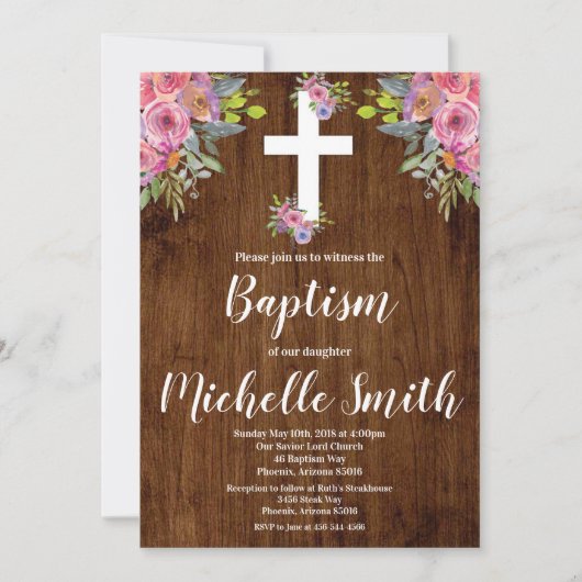 Roze Bloemen Rustiek Doopsel Religieuze Uitnodigin Kaart (Voorkant)