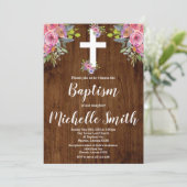 Roze Bloemen Rustiek Doopsel Religieuze Uitnodigin Kaart (Staand voorkant)