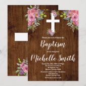 Roze Bloemen Rustiek Doopsel Religieuze Uitnodigin Kaart (Voorkant / Achterkant)