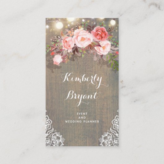 Roze Bloemen Rustiek Hout Kant String Lichten Visitekaartje (Voorkant)