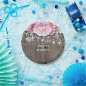 Roze Bloemen Rustiek Hout Lights Wedding Papieren Bordje (Feest)