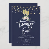 Roze Bloemen Rustiek Marine Lights 21st Birthday Kaart (Voorkant / Achterkant)