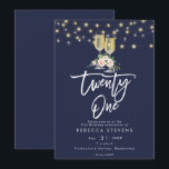 Roze Bloemen Rustiek Marine Lights 21st Birthday Kaart<br><div class="desc">Een mooie roze blos rozen en champagneglazen design 21e verjaardagsuitnodiging op een marine achtergrond, met bijpassende achterzijde. Eenvoudig te bewerken of te verwijderen van de beschikbare tekstvelden om de informatie te personaliseren met uw eigen gegevens voor een professionele en aangepaste afwerking. Bijpassende items zijn beschikbaar in dit boho-collectie. Bezoek mijn...</div>