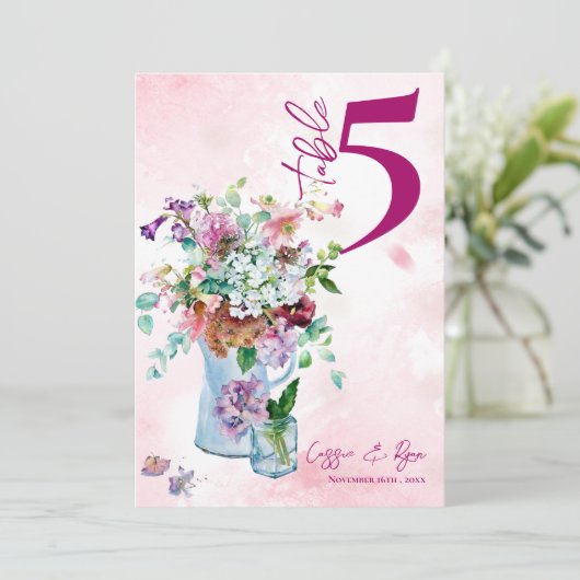 Roze Bloemen Rustiek Wildflower Trouwtafel Nummer Bedankkaart (Staand voorkant)