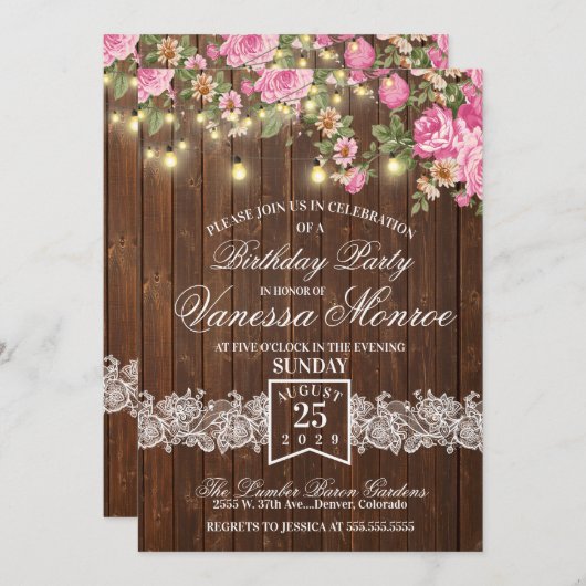 Roze Bloemen Rustieke Feest Uitnodiging (Voorkant / Achterkant)