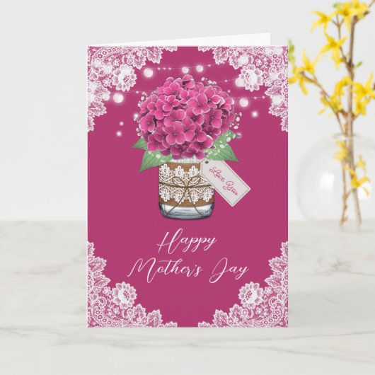 Roze Bloemen Rustieke Kant Hydrangea Moederdag Kaart (Gele Bloem)