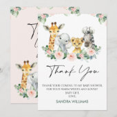 Roze Bloemen Safari Baby shower Dank u kaart (Voorkant / Achterkant)