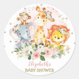  Roze Bloemen Safari Dieren Baby shower Ronde Sticker
