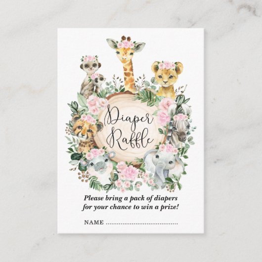 Roze Bloemen Safari Oerwoud Baby Meisje Luier Raff Informatiekaartje (Voorkant)