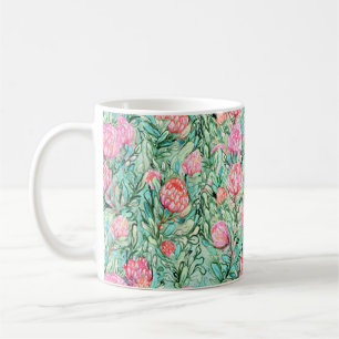 Roze bloemen, salie groen, naadloos. koffiemok