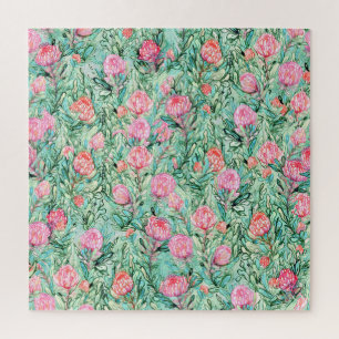 Roze bloemen, salie groen, naadloos. legpuzzel
