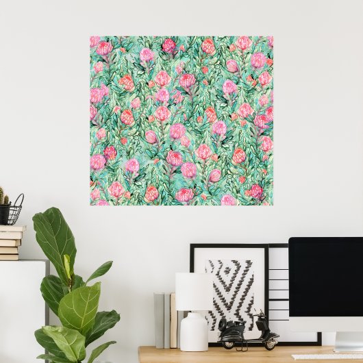 Roze bloemen, salie groen, naadloos. poster (Thuiskantoor)