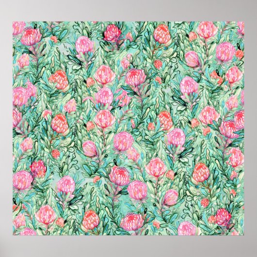 Roze bloemen, salie groen, naadloos. poster (Voorkant)