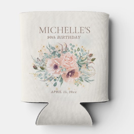 Roze Bloemen Salie Groene bladeren Glitter Verjaar Blikjeskoeler (Achterkant)