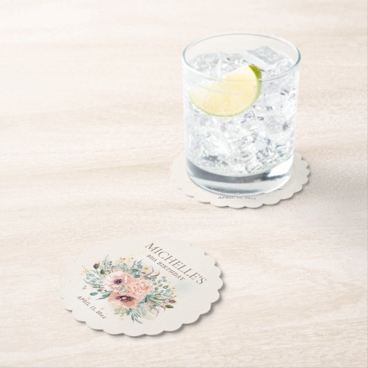 Roze Bloemen Salie Groene bladeren Glitter Verjaar Kartonnen Onderzetters (Insitu)