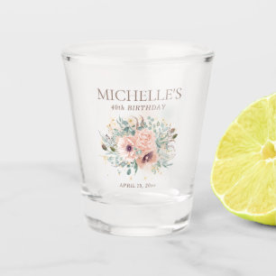 Roze Bloemen Salie Groene bladeren Glitter Verjaar Shot Glas