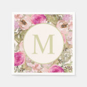 Roze Bloemen Salie Groene Bladeren Monogram Initia Servet (Voorkant)
