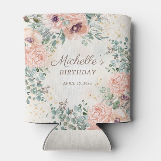 Roze Bloemen Salie Groene bladeren Verjaardag Blikjeskoeler (Achterkant)