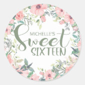 Roze Bloemen Saliegroene Bladeren Sweet 16 Ronde Sticker (Voorkant)
