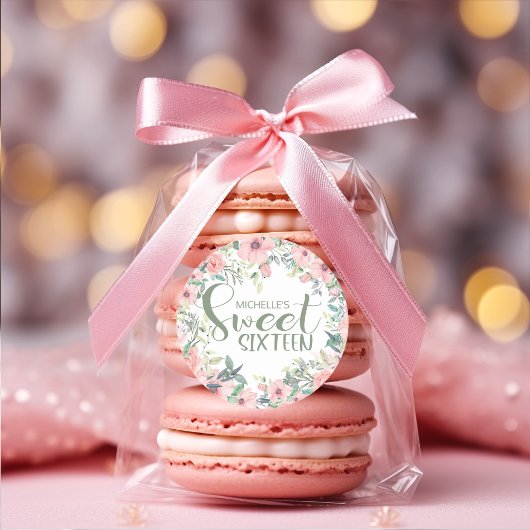 Roze Bloemen Saliegroene Bladeren Sweet 16 Ronde Sticker