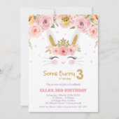 Roze Bloemen Schattige Bunny Rabbit 3e Verjaardag Kaart (Voorkant)