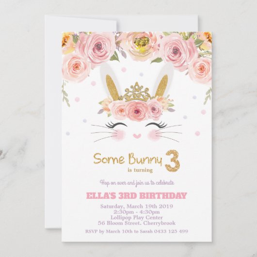 Roze Bloemen Schattige Bunny Rabbit 3e Verjaardag Kaart (Voorkant)