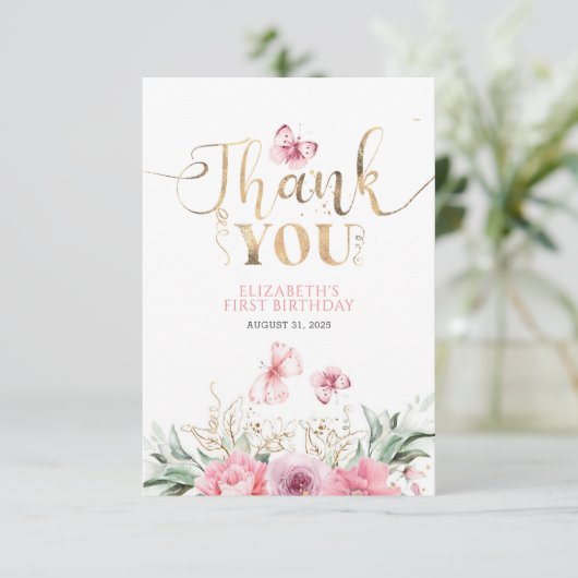 Roze Bloemen Schattige Gouden Verjaardag Dank u Bedankkaart (Staand voorkant)